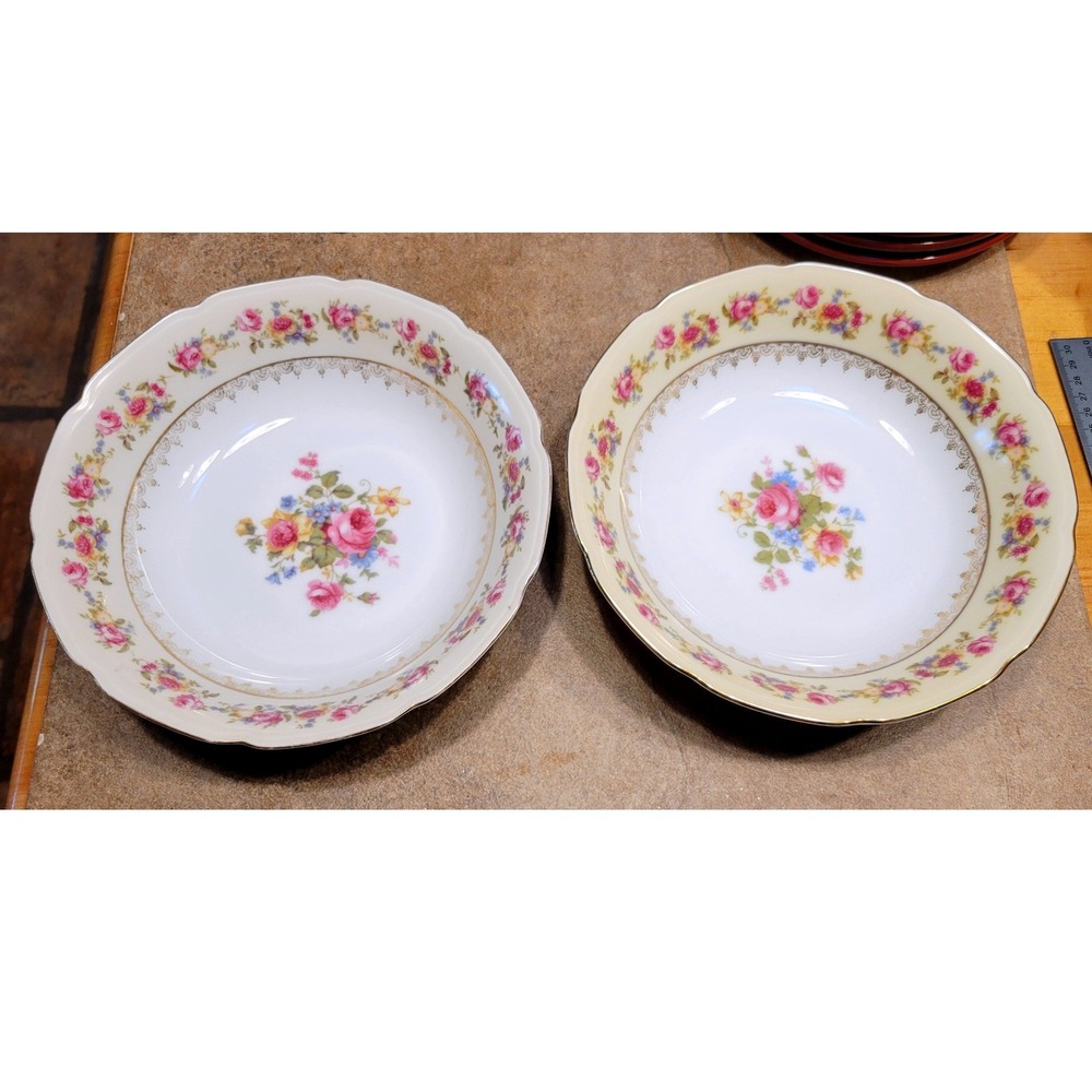 Gold Castle Porcelain Serving Bowl Set 2 Floral Roses Scalloped Edge Japan